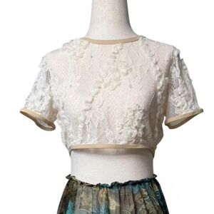 Cream sheer lace crop top with puffy sleeves and tie back medium